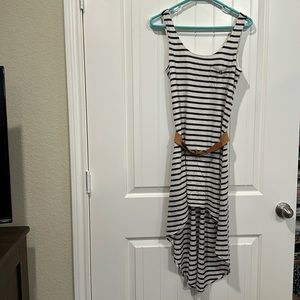 Navy Striped High-Low Dress with Tan Belt
